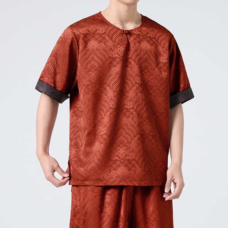 Buddha Stones Summer Retro Crackle Auspicious Cloud Pattern Short Sleeve Men's T-shirt - image 22