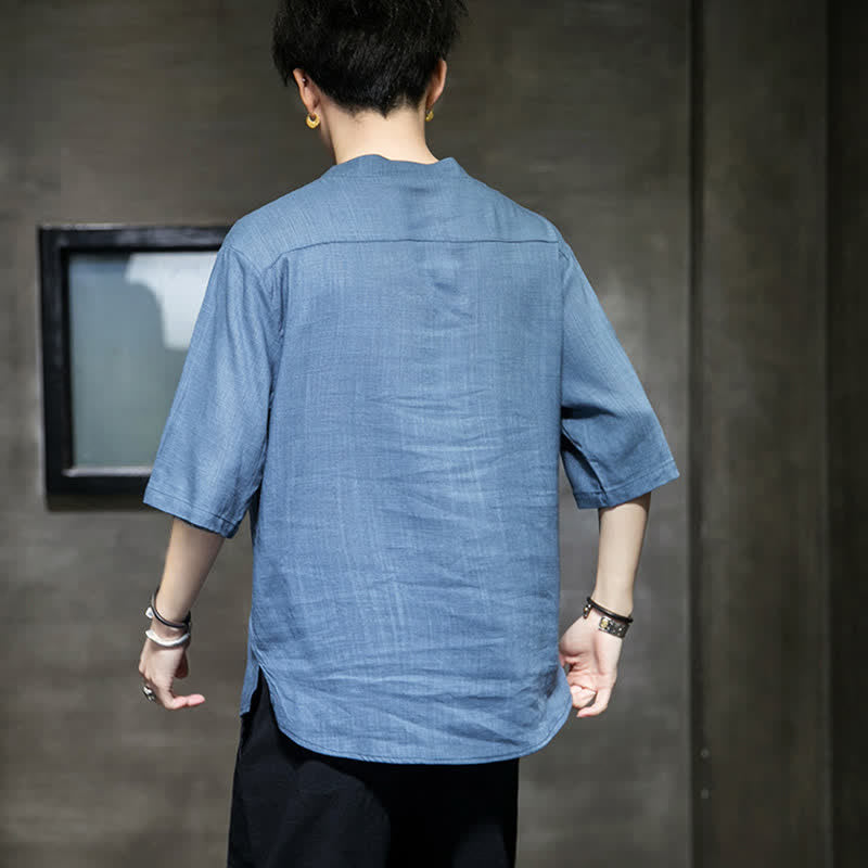 Buddha Stones Summer Embroidered Lotus Dragonfly Pattern Chinese Frog-Button Men's Short Sleeve T-shirt - image 22