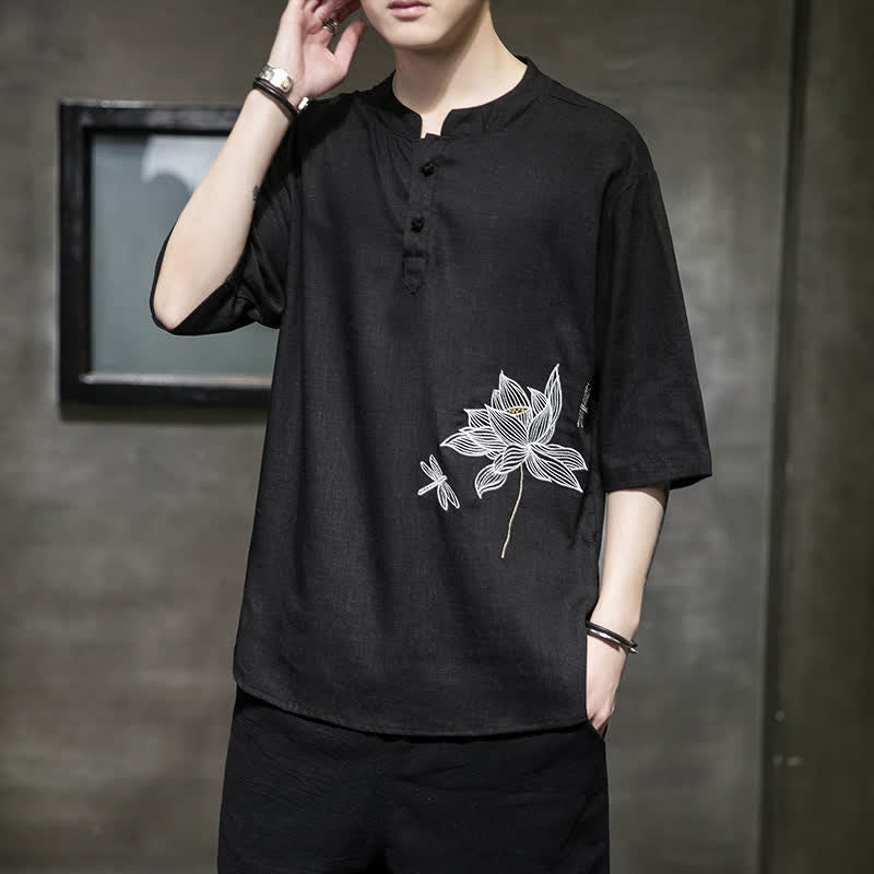 Buddha Stones Summer Embroidered Lotus Dragonfly Pattern Chinese Frog-Button Men's Short Sleeve T-shirt - image 1