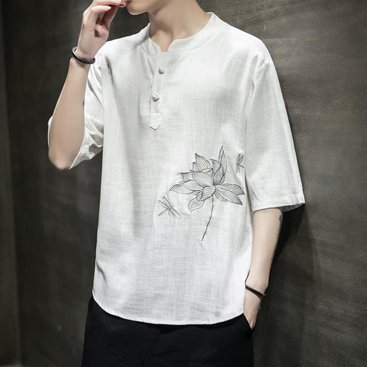 Buddha Stones Summer Embroidered Lotus Dragonfly Pattern Chinese Frog-Button Men's Short Sleeve T-shirt - image 15