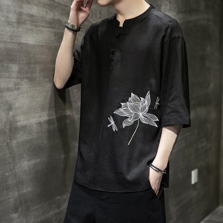 Buddha Stones Summer Embroidered Lotus Dragonfly Pattern Chinese Frog-Button Men's Short Sleeve T-shirt - image 3