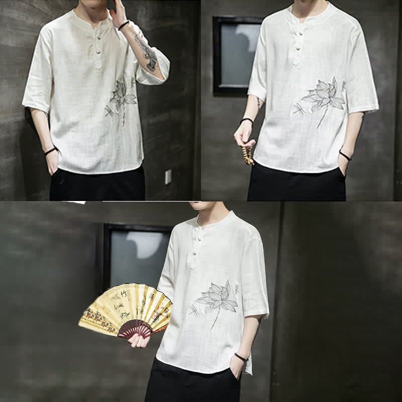 Buddha Stones Summer Embroidered Lotus Dragonfly Pattern Chinese Frog-Button Men's Short Sleeve T-shirt - image 17