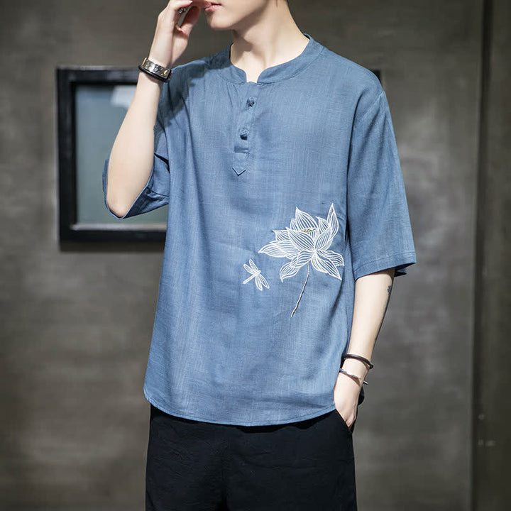 Buddha Stones Summer Embroidered Lotus Dragonfly Pattern Chinese Frog-Button Men's Short Sleeve T-shirt - image 20