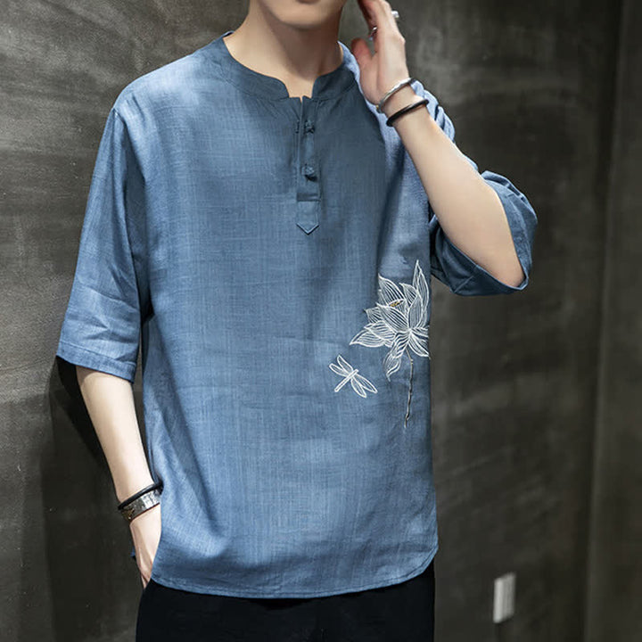 Buddha Stones Summer Embroidered Lotus Dragonfly Pattern Chinese Frog-Button Men's Short Sleeve T-shirt - image 24