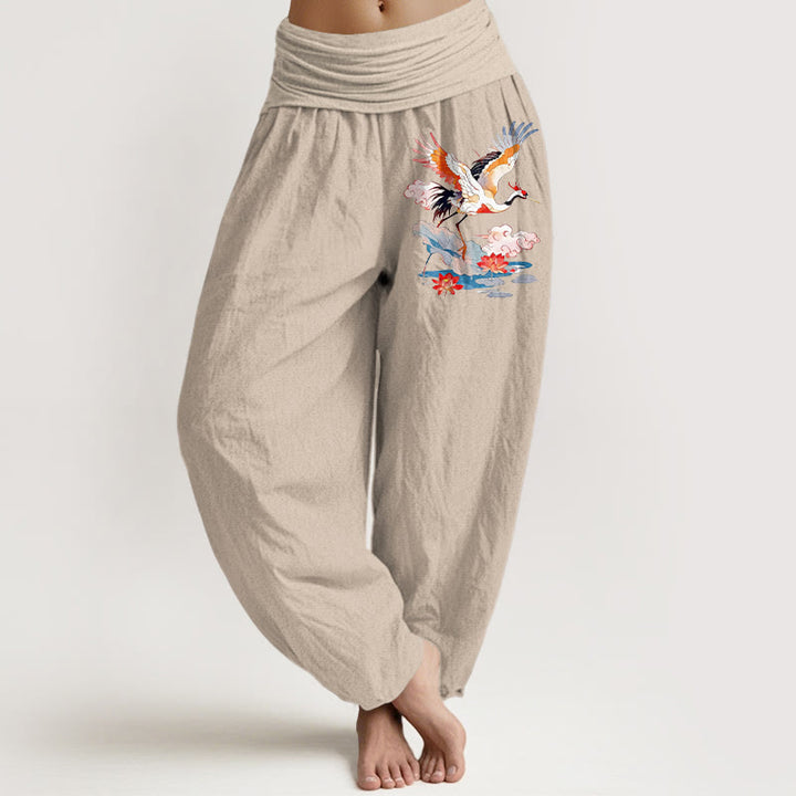 Buddha Stones Pure Cotton Colourful Crane Lotus Leaf Flower Cloud Pattern Women's Elastic Waist Harem Pants - Tan - US16，UK/AU20，EU48 (3XL) - image 11