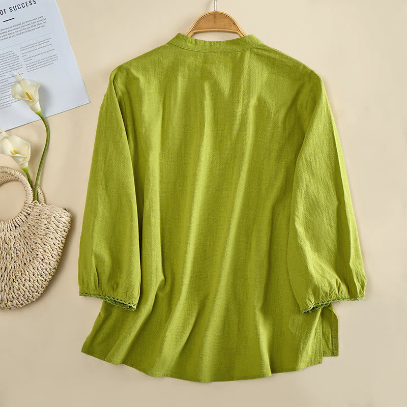 Buddha Stones Plain Crew Neck Frog-Button Long Sleeve Women's Cotton Shirt  - image 1