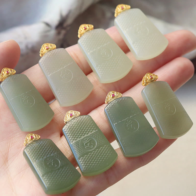 Buddha Stones Hetian Jade 925 Sterling Silver Om Symbol Prosperity Necklace Pendant - image 12