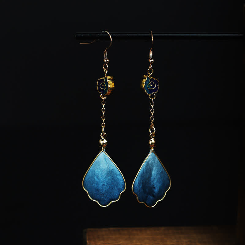 Buddha Stones Handcrafted Silk Art Petal Good Fortune Blessing Dangle Hook Earrings - Blue Petal(Size: About 8.5*2cm) - image 0