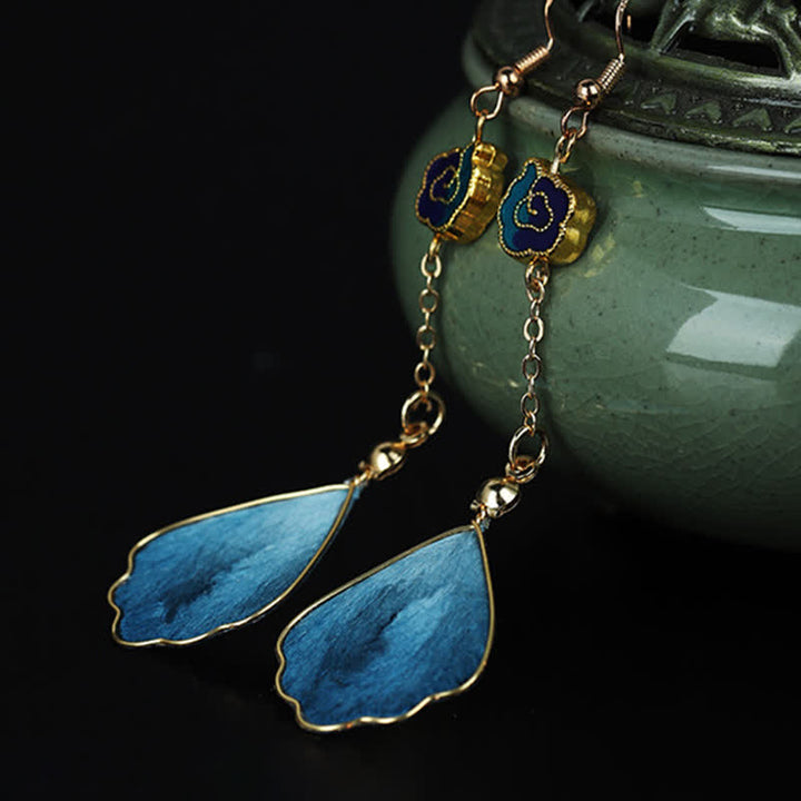Buddha Stones Handcrafted Silk Art Petal Good Fortune Blessing Dangle Hook Earrings - image 2