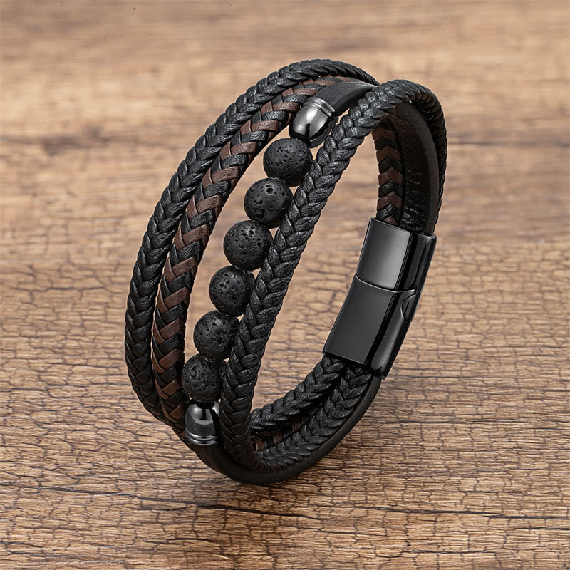 Buddha Stones Tiger Eye Lava Rock Black Onyx Lazurite Lapis Lazuli Hematite Bead Positive Leather Bracelet - Lava Rock - 18-22cm - image 3