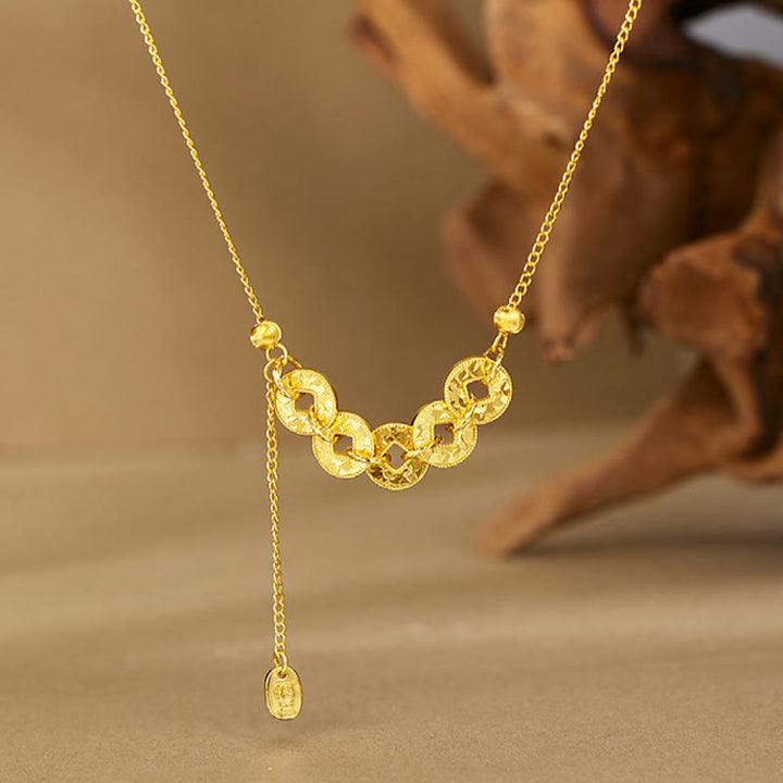 Buddha Stones 925 Sterling Silver Five-Emperor Coins Protection Ring Bracelet Necklace Pendant - Golden Necklace - image 0