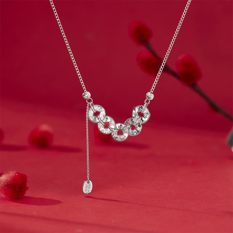 Buddha Stones 925 Sterling Silver Five-Emperor Coins Protection Ring Bracelet Necklace Pendant - Silvery Necklace - image 3