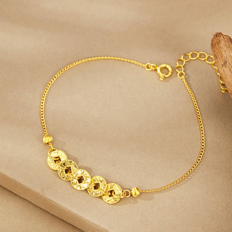 Buddha Stones 925 Sterling Silver Five-Emperor Coins Protection Ring Bracelet Necklace Pendant - Golden Bracelet(Wrist Circumference: 14-18cm) - image 8