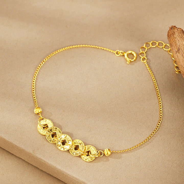 Buddha Stones 925 Sterling Silver Five-Emperor Coins Protection Ring Bracelet Necklace Pendant - Golden Bracelet(Wrist Circumference: 14-18cm) - image 8