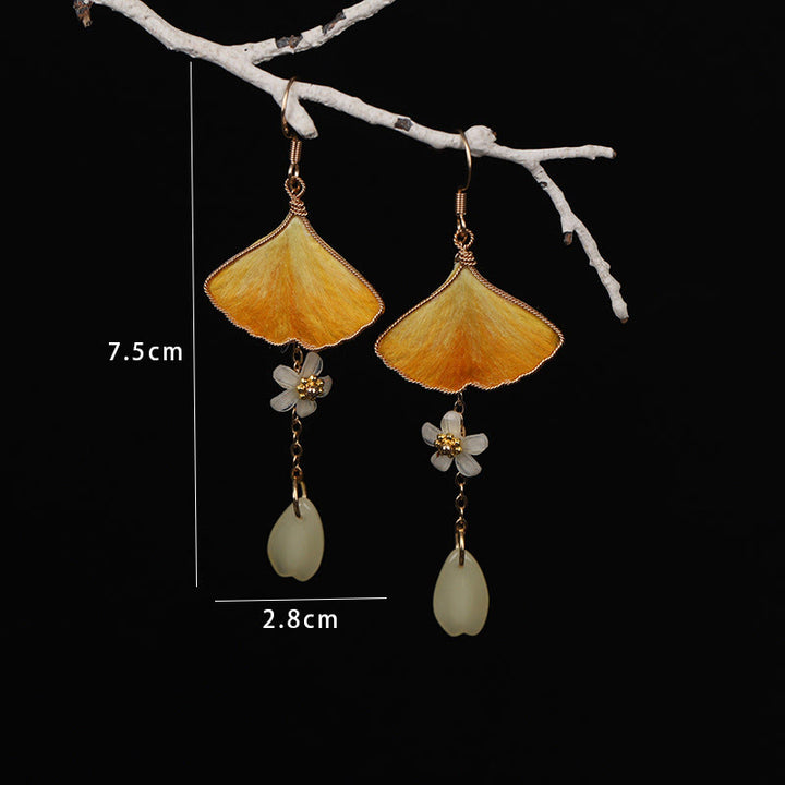 Buddha Stones Handmade Silk Craft Yellow Ginkgo Leaf Copper Hook Good Fortune Dangle Earrings - image 3