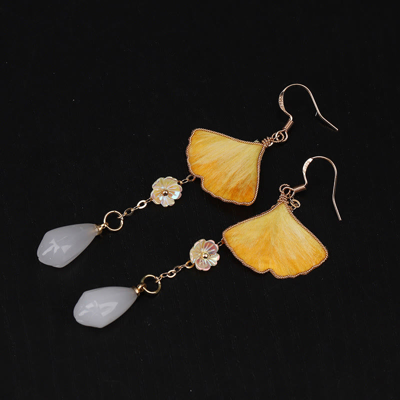Buddha Stones Handmade Silk Craft Yellow Ginkgo Leaf Copper Hook Good Fortune Dangle Earrings - Ginkgo Leaf&White Bead(Size: About 7.5*2.8cm) - image 9