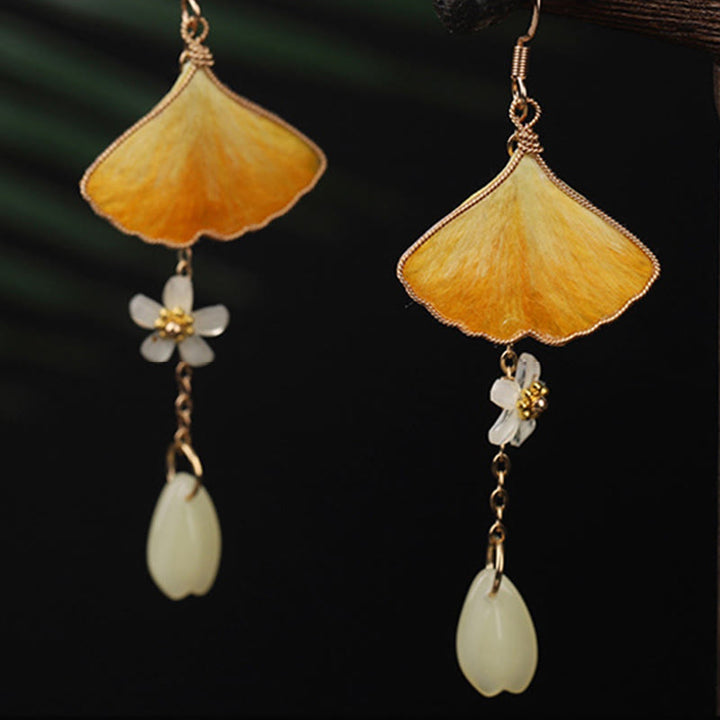 Buddha Stones Handmade Silk Craft Yellow Ginkgo Leaf Copper Hook Good Fortune Dangle Earrings - image 7