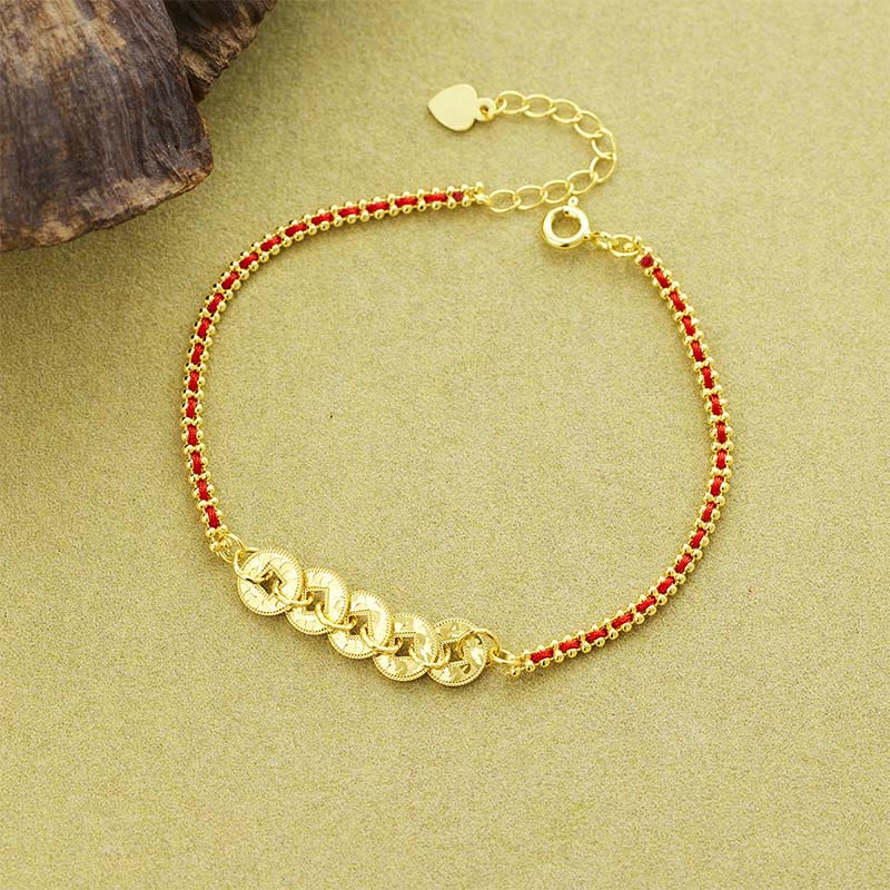 Buddha Stones 925 Sterling Silver Five-Emperor Coins Red String Balance Bracelet - 925 Sterling Silver(Wrist Circumference: 14-18cm) - image 0