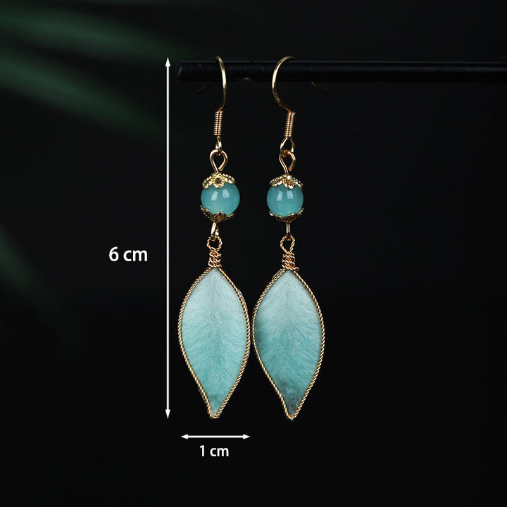 Buddha Stones Handmade Cyan Leaf Copper Plated Silver Hook Protection Drop Earrings - image 5