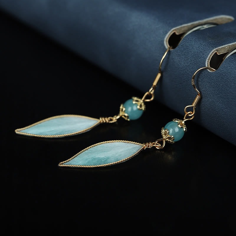 Buddha Stones Handmade Cyan Leaf Copper Plated Silver Hook Protection Drop Earrings - image 1