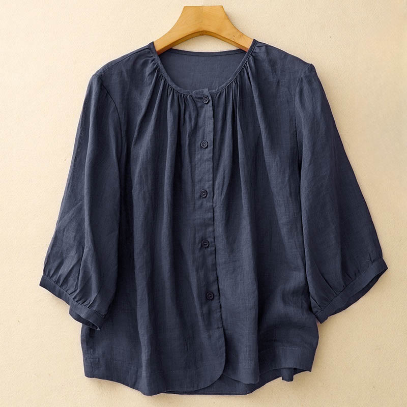 Buddha Stones Plain Button Crew Neck Design Women's  blend Three Quarter Sleeve Shirt - Navy - US12，UK/AU16，EU44 (2XL) - image 0