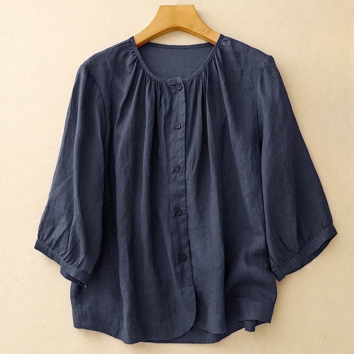 Buddha Stones Plain Button Crew Neck Design Women's  blend Three Quarter Sleeve Shirt - Navy - US12，UK/AU16，EU44 (2XL) - image 0