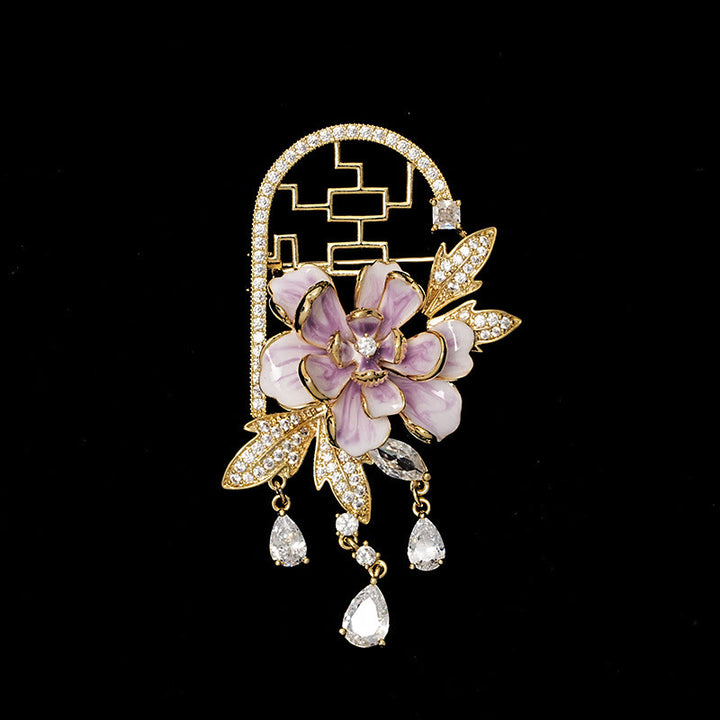Buddha Stones Chinese-style Window Purple Peony Flower Tassel Copper Brooch - image 1