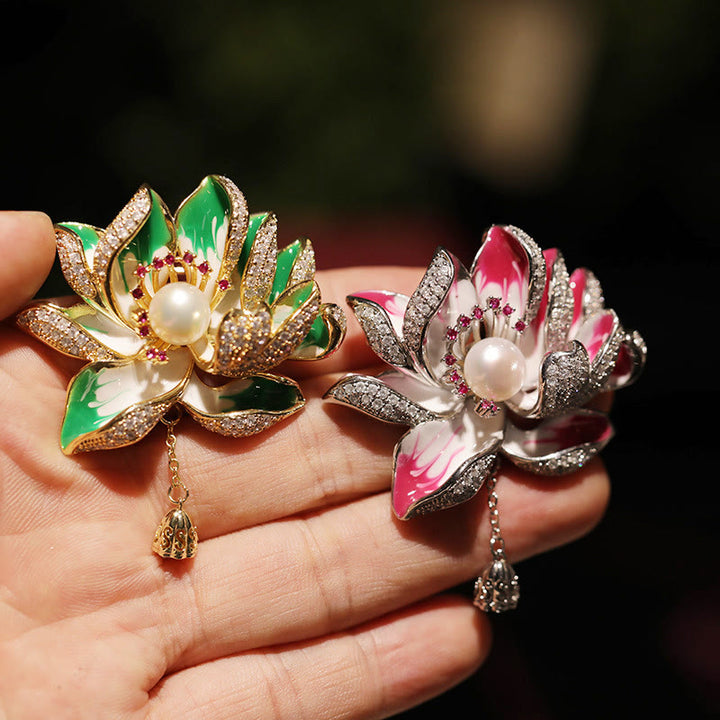 Buddha Stones Lotus Flower Pearl New Beginning Copper Brooch - image 5