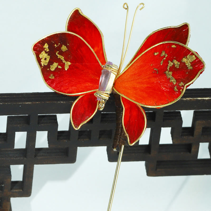 Buddha Stones Handcrafted Silk Art Velvet Flower Red Butterfly Brooch - image 10
