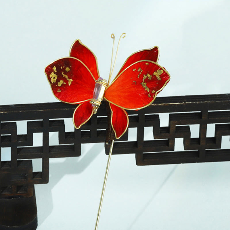 Buddha Stones Handcrafted Silk Art Velvet Flower Red Butterfly Brooch - image 8