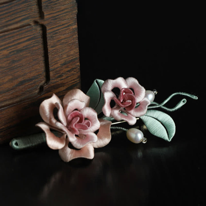 Buddha Stones Handcrafted Silk Art Twin Rose Flower Blessing Harmony Brooch - image 2