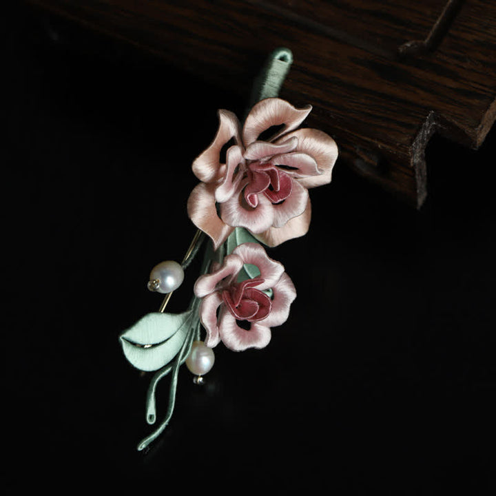Buddha Stones Handcrafted Silk Art Twin Rose Flower Blessing Harmony Brooch - image 8