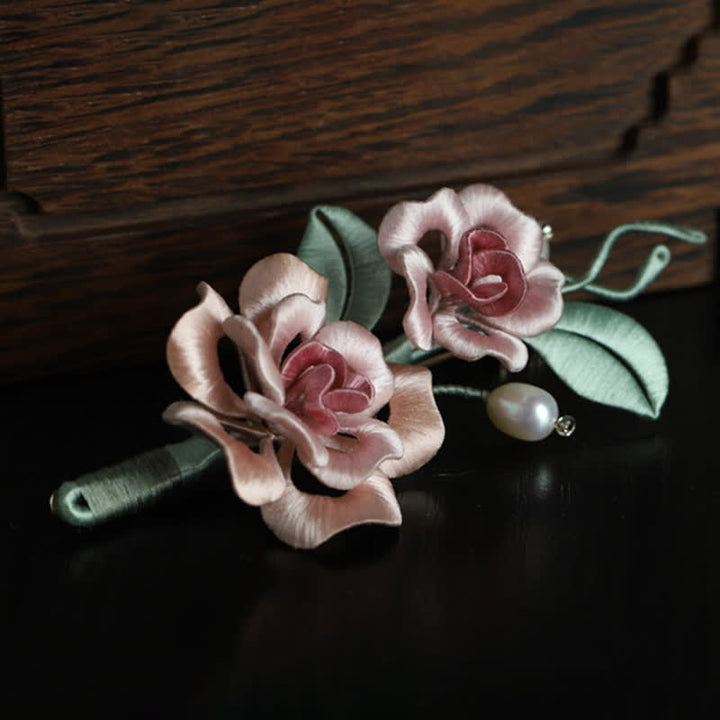 Buddha Stones Handcrafted Silk Art Twin Rose Flower Blessing Harmony Brooch - Twin Rose(Length: About 7-9cm) - image 1