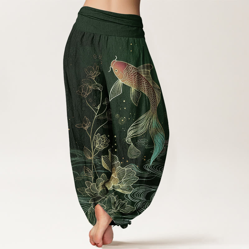 Buddha Stones Lotus Koi Fish Pattern Women's Elastic Waist Pure Cotton Harem Pants - image 9
