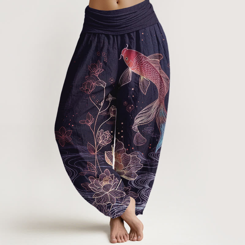 Buddha Stones Lotus Koi Fish Pattern Women's Elastic Waist Pure Cotton Harem Pants - Indigo - US16，UK/AU20，EU48 (3XL) - image 8