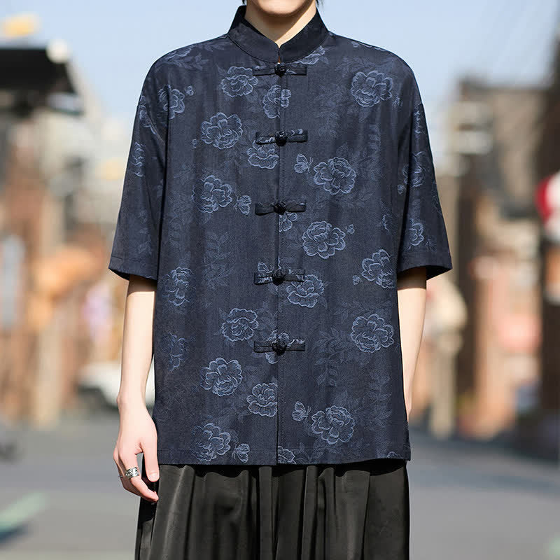 Buddha Stones Retro Frog Buttons Mandarin Collar Floral Jacquard Men's Short Sleeve Shirt - MidnightBlue - US/UK/AU46，EU56 (5XL) - image 10