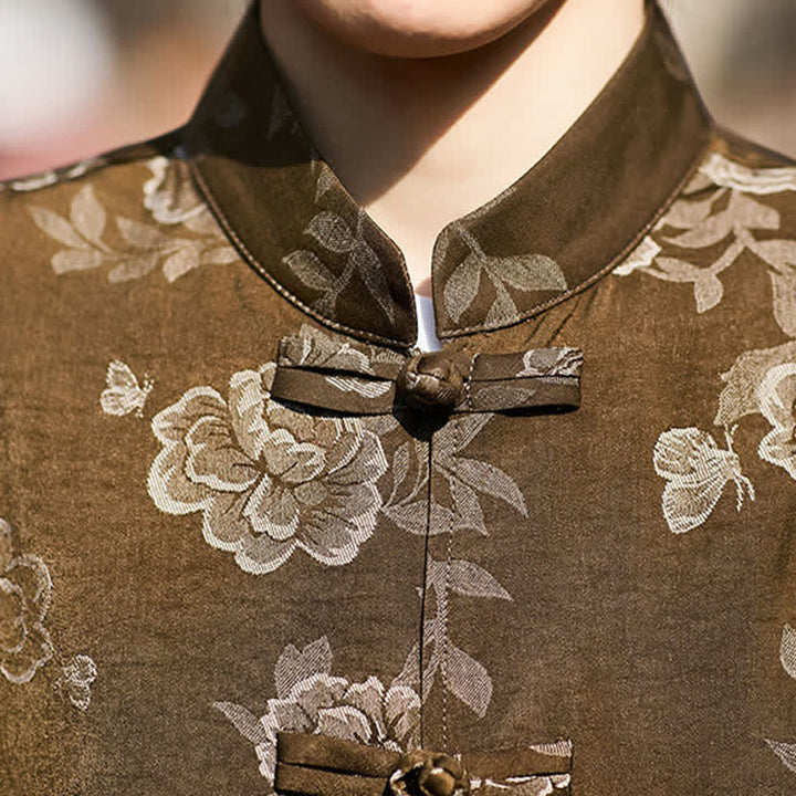 Buddha Stones Retro Frog Buttons Mandarin Collar Floral Jacquard Men's Short Sleeve Shirt - image 8