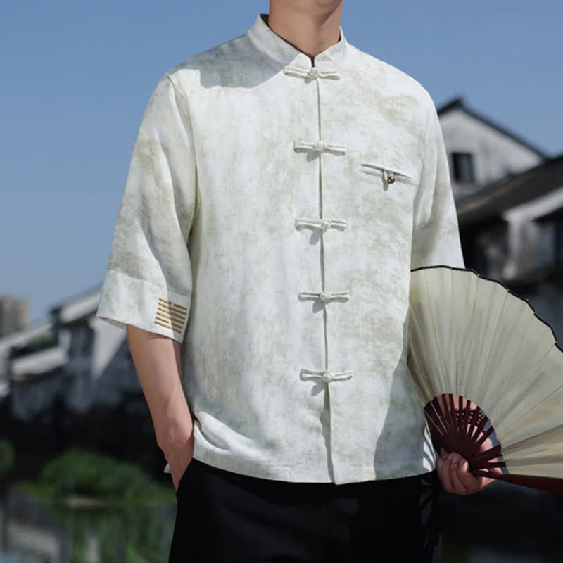 Buddha Stones Frog-Button Mottled Pattern Embroidery Short Sleeve Tang Suit Men's Linen Shirt - image 2