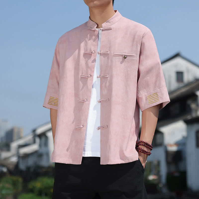 Buddha Stones Frog-Button Mottled Pattern Embroidery Short Sleeve Tang Suit Men's Linen Shirt - LightPink - US/UK/AU46，EU56 (5XL) - image 12