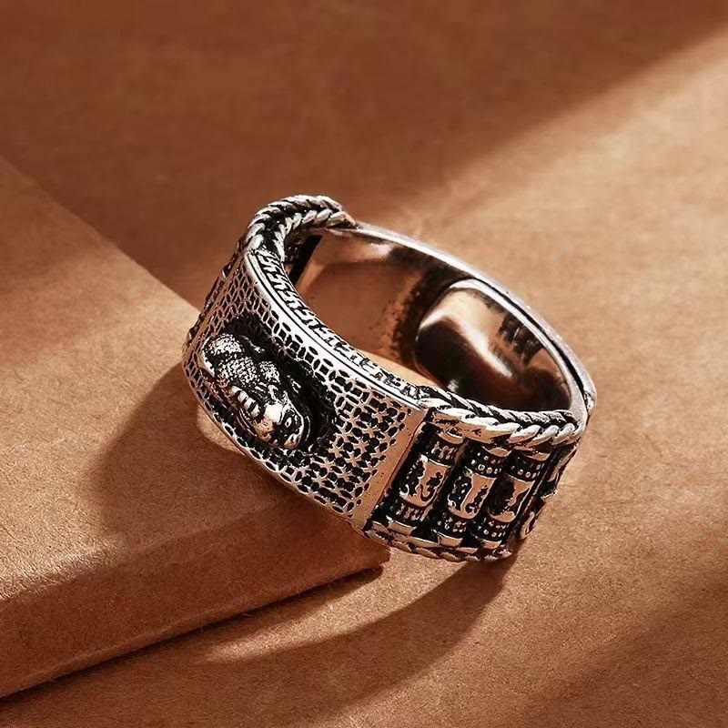 Buddha Stones Lucky FengShui PiXiu Wealth Prayer Wheels Couple Ring - Men - Silver - image 3