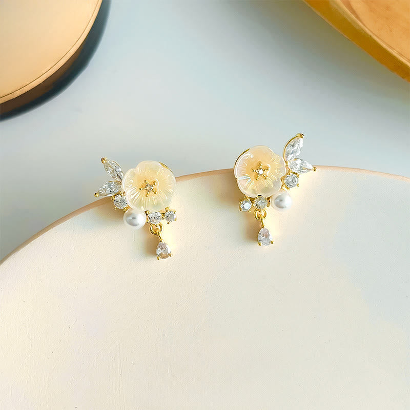 Buddha Stones White Rose Flower Zircon Copper Luck Clip-on Stud Earrings - Earrings(925 Sterling Silver Posts) - image 0