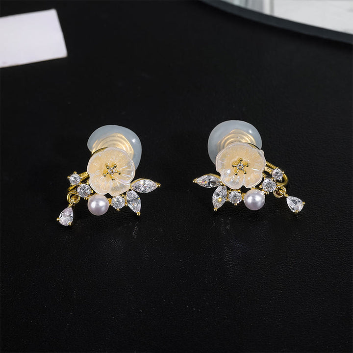 Buddha Stones White Rose Flower Zircon Copper Luck Clip-on Stud Earrings - Clip-on Earrings - image 7