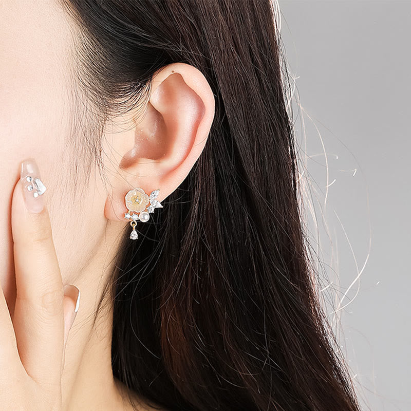 Buddha Stones White Rose Flower Zircon Copper Luck Clip-on Stud Earrings - image 4