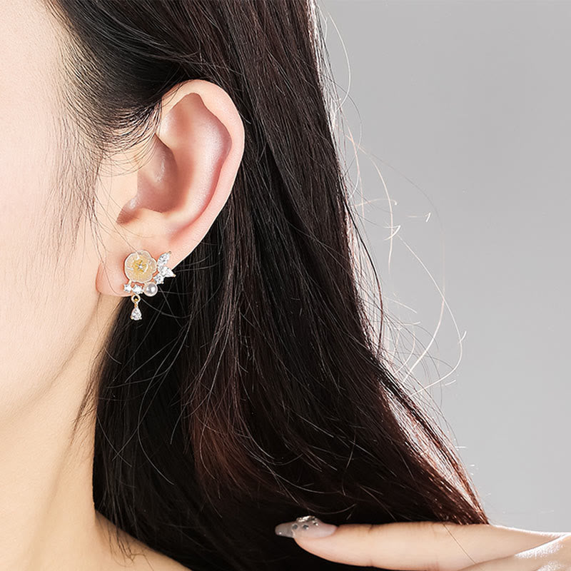 Buddha Stones White Rose Flower Zircon Copper Luck Clip-on Stud Earrings - image 3