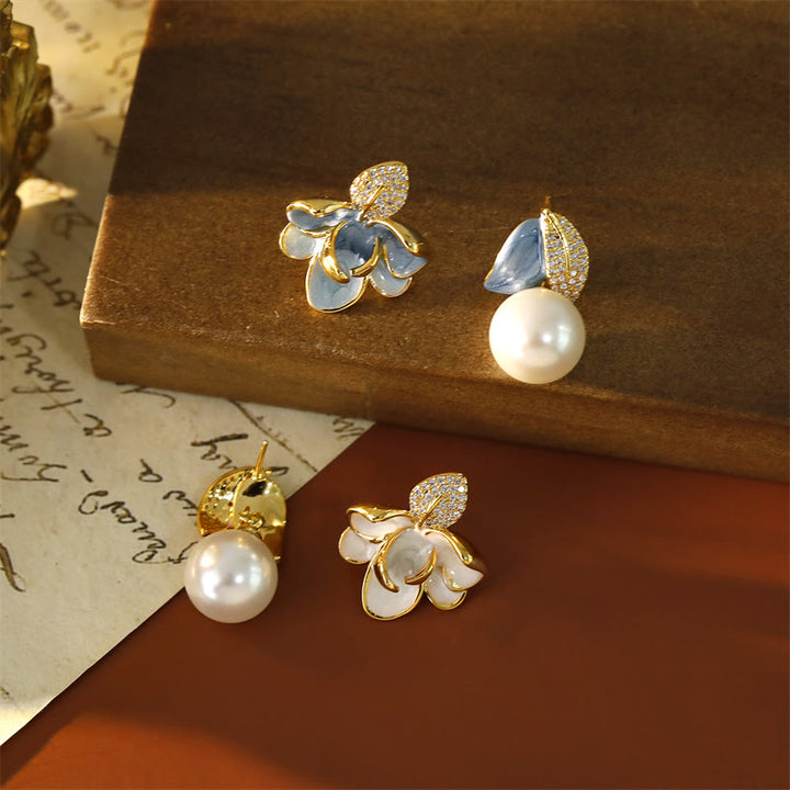 Buddha Stones Camellia Flower Zircon Copper Luck Stud Earrings - image 2
