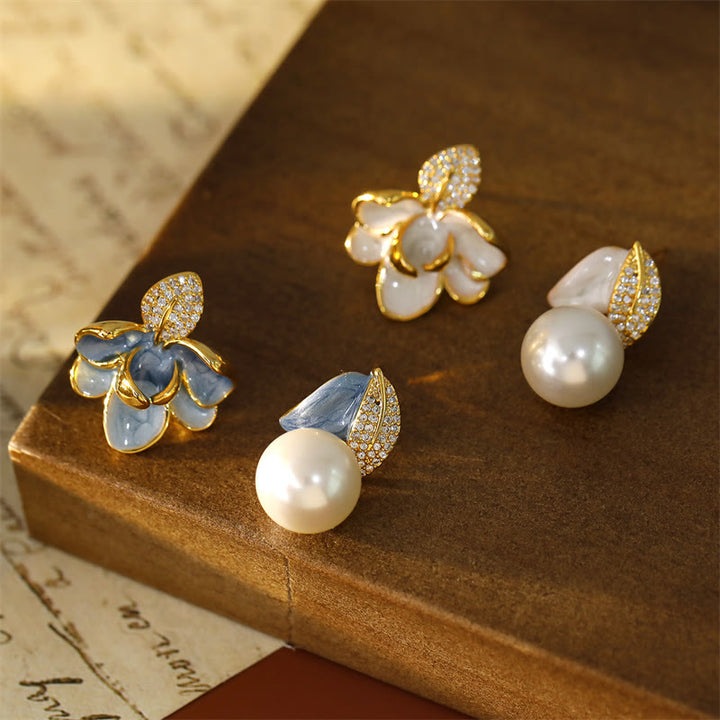 Buddha Stones Camellia Flower Zircon Copper Luck Stud Earrings - image 3