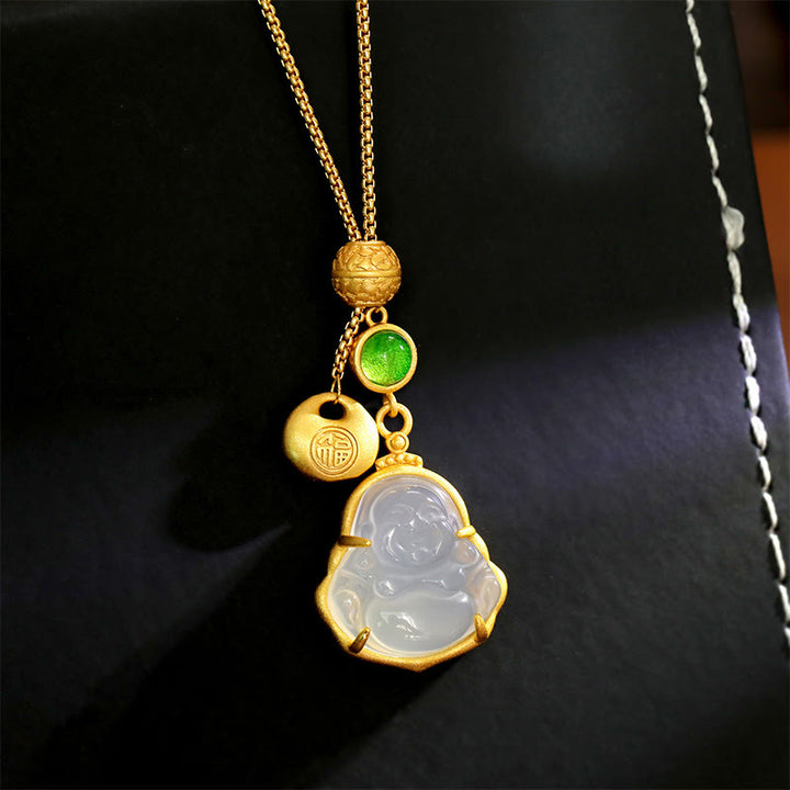 Buddha Stones Fu Character Laughing Buddha Chalcedony Copper Fortune Necklace Pendant - Laughing Buddha(Size: About 4.5*2cm) - image 0