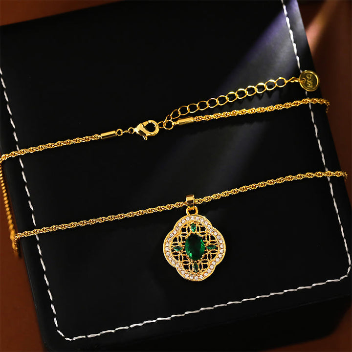 Buddha Stones Four Leaf Clover Hollow Design Copper Plated Gold Chain Luck Necklace Pendant - image 4