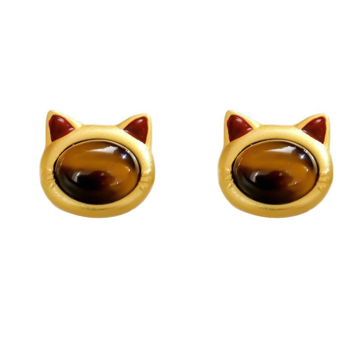 Buddha Stones Turquoise Tiger Eye Cat Head Design Copper Protection Stud Earrings - image 8
