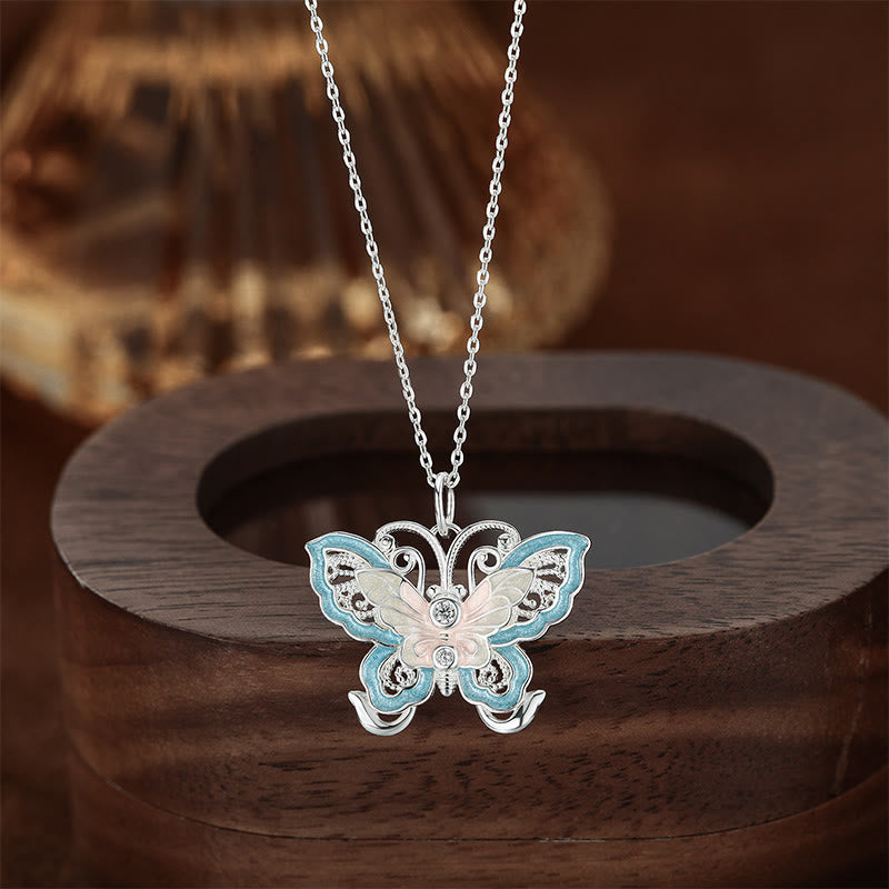 Buddha Stones 999 Sterling Silver Butterfly Blue Enamel Protection Necklace Pendant - 999 Sterling Silver - image 0